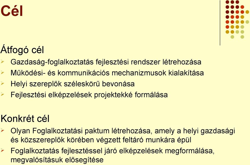 formálása Konkrét cél Olyan Foglalkoztatási paktum létrehozása, amely a helyi gazdasági és közszereplők