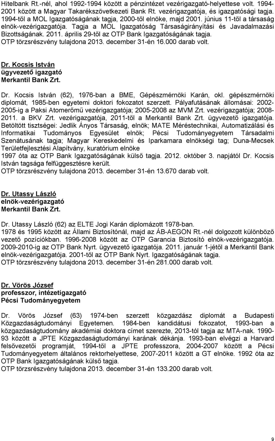 április 29-től az OTP Bank Igazgatóságának tagja. OTP törzsrészvény tulajdona 2013. december 31-én 16.000 darab volt. Dr. Kocsis István ügyvezető igazgató Merkantil Bank Zrt. Dr. Kocsis István (62), 1976-ban a BME, Gépészmérnöki Karán, okl.