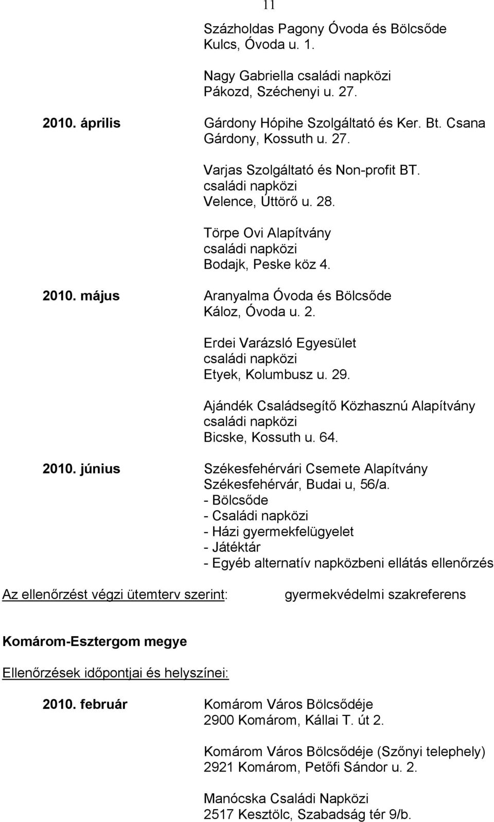 29. Ajándék Családsegítő Közhasznú Alapítvány családi napközi Bicske, Kossuth u. 64. 2010. június Székesfehérvári Csemete Alapítvány Székesfehérvár, Budai u, 56/a.