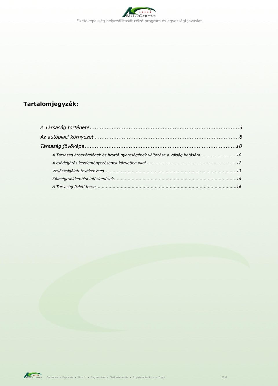 .. 10 A csődeljárás kezdeményezésének közvetlen okai... 12 Vevőszolgálati tevékenység.