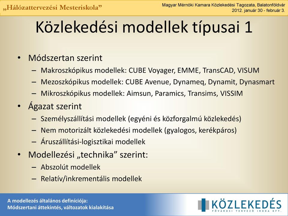 VISSIM Ágazat szerint Személyszállítási modellek (egyéni és közforgalmú közlekedés) Nem motorizált közlekedési modellek