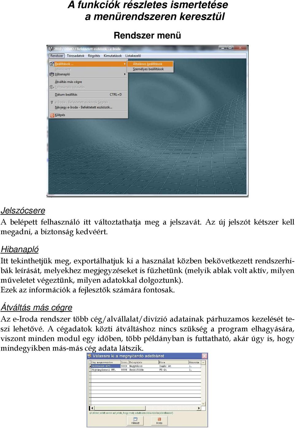Hibanapló Itt tekinthetjük meg, exportálhatjuk ki a használat közben bekövetkezett rendszerhibák leírását, melyekhez megjegyzéseket is fűzhetünk (melyik ablak volt aktív, milyen műveletet