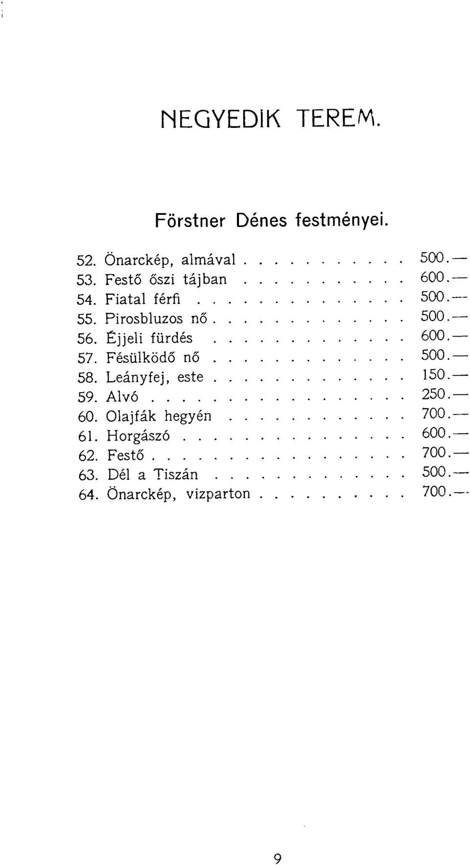 Éjjeli fürdés 600 57. Fésülködő nő 500 58. Leányfej, este 150 59. Alvó 250 60.