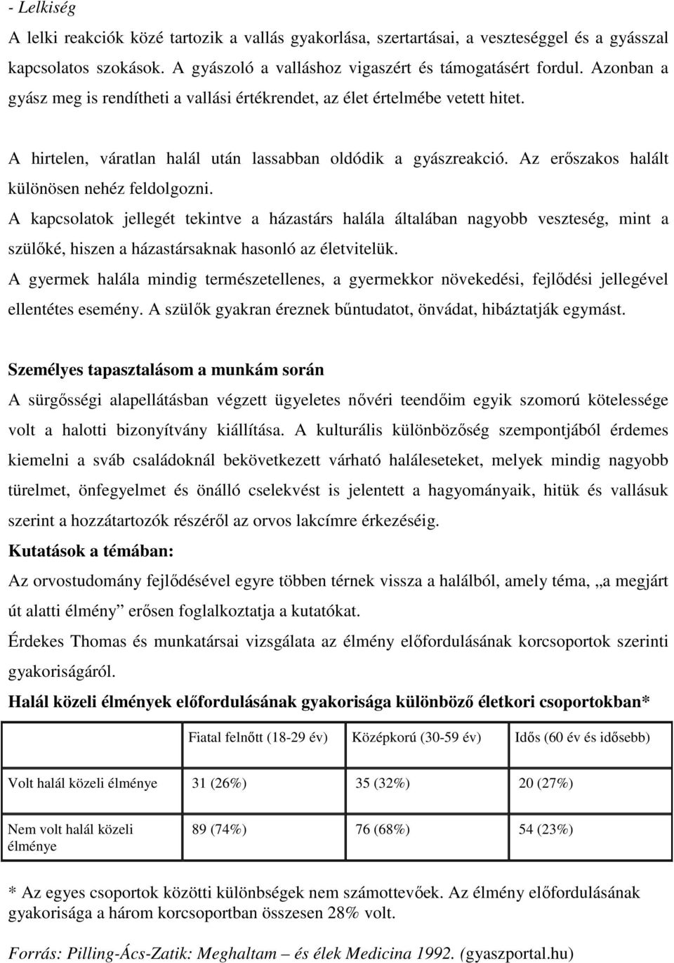 Az erőszakos halált különösen nehéz feldolgozni. A kapcsolatok jellegét tekintve a házastárs halála általában nagyobb veszteség, mint a szülőké, hiszen a házastársaknak hasonló az életvitelük.