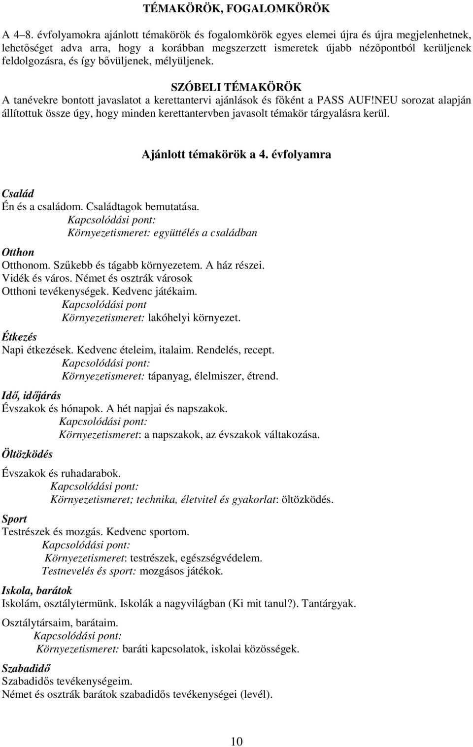 így bővüljenek, mélyüljenek. SZÓBELI TÉMAKÖRÖK A tanévekre bontott javaslatot a kerettantervi ajánlások és főként a PASS AUF!