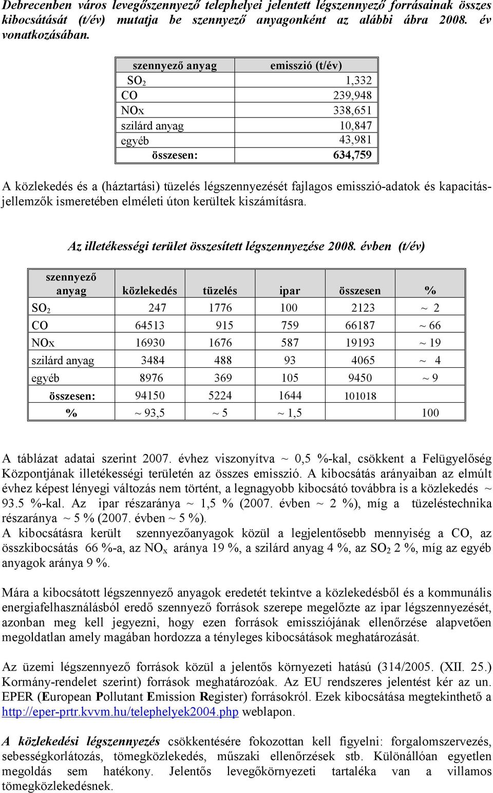 és kapacitásjellemzők ismeretében elméleti úton kerültek kiszámításra. Az illetékességi terület összesített légszennyezése 2008.