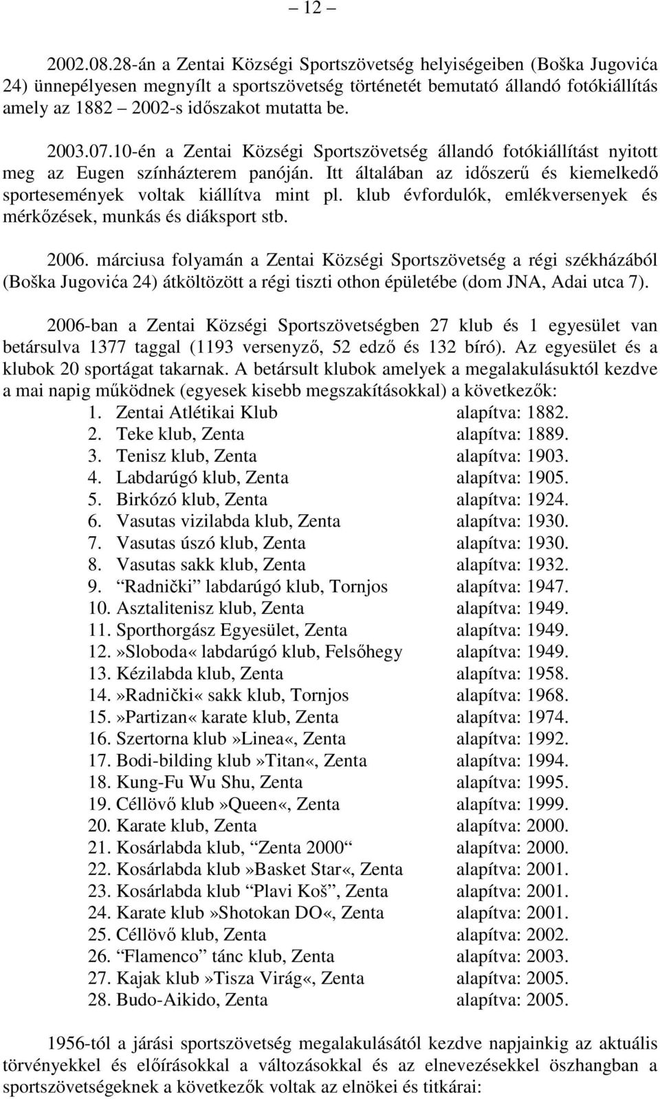 2003.07.10-én a Zentai Községi Sportszövetség állandó fotókiállítást nyitott meg az Eugen színházterem panóján. Itt általában az időszerű és kiemelkedő sportesemények voltak kiállítva mint pl.