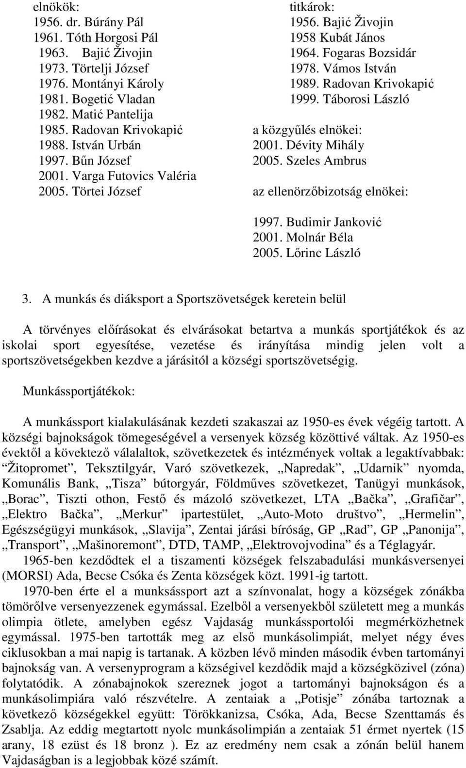 Táborosi László a közgyűlés elnökei: 2001. Dévity Mihály 2005. Szeles Ambrus az ellenörzőbizotság elnökei: 1997. Budimir Janković 2001. Molnár Béla 2005. Lőrinc László 3.