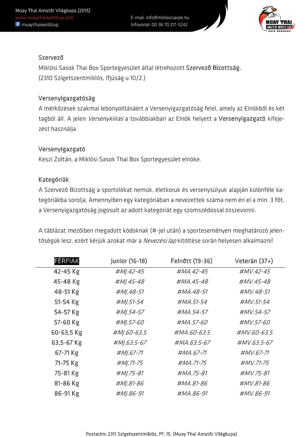 A jelen Versenykiírás a továbbiakban az Elnök helyett a Versenyigazgató kifejezést használja. Versenyigazgató Keszi Zoltán, a Miklósi Sasok Thai Box Sportegyesület elnöke.