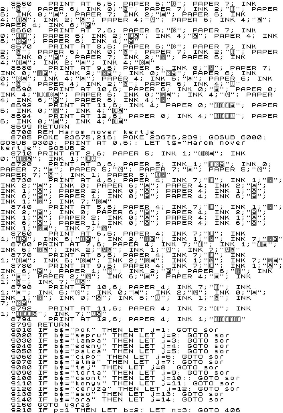 PAPER 6; INK 0;"ö"; PAPER 7; INK 2;"Á"; PAPER 6; INK 0;"ö"; PAPER 7; INK 2;"É"; PAPER 6; INK 4;"Áö"; INK 2;"ö"; INK 4;"Éö" 8680 PRINT AT 9,6; PAPER 6; INK 0;"É"; PAPER 7; INK 0;"Éö"; INK 2;"Éö"; INK