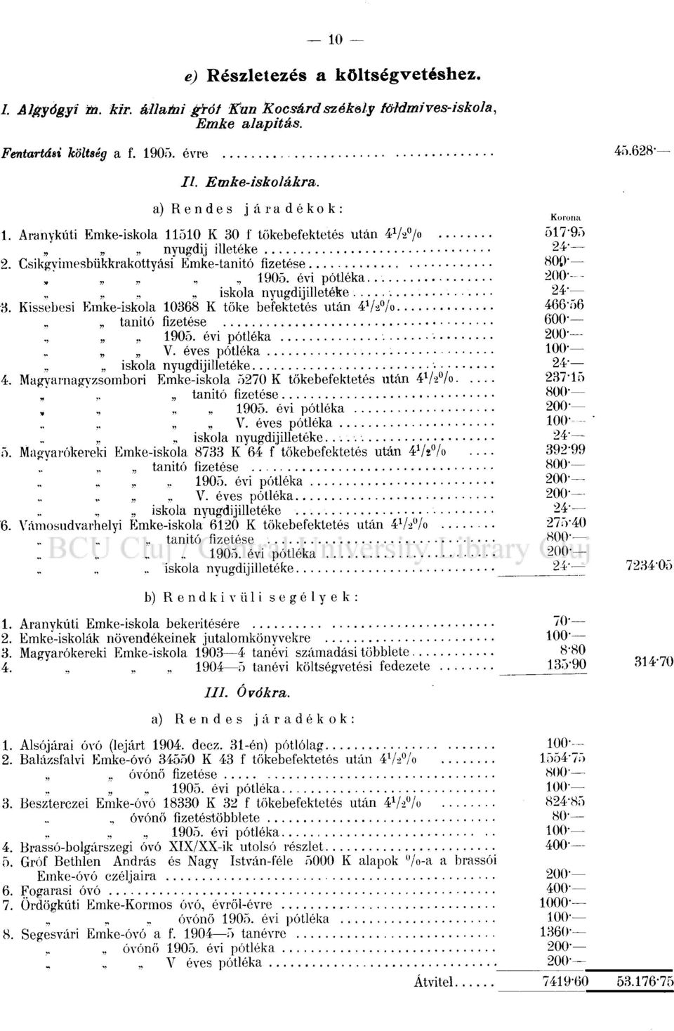 Kissebesi Emke-iskola 10368 K tőke befektetés után 4V2 0 /o tanitó fizetése,. 1905. évi pótléka V. éves pótléka.. iskola nyugdijilletéke 4.