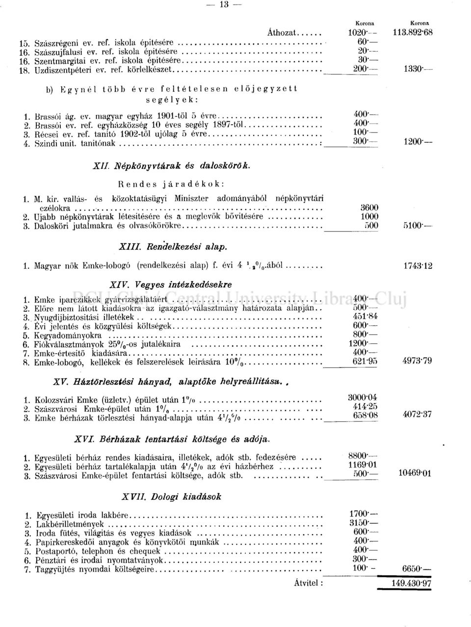 tanítónak : 300 1200 XII. Népkönyvtárak és daloskörök. Rendes járadékok: 1. M. kir. vallás- és közoktatásügyi Miniszter adományából népkönyvtári czélokra 3600 2.