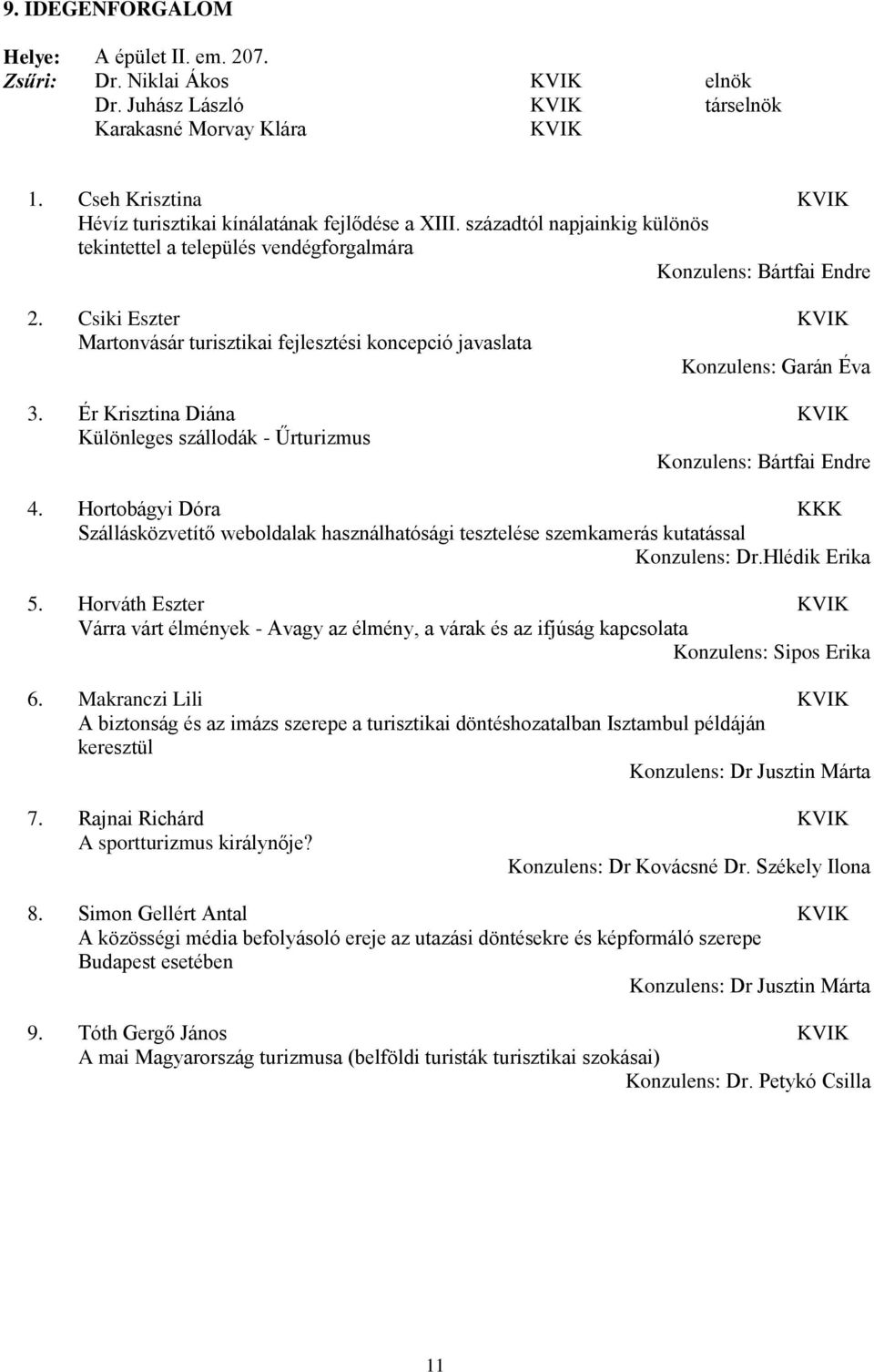 Csiki Eszter KVIK Martonvásár turisztikai fejlesztési koncepció javaslata Konzulens: Garán Éva 3. Ér Krisztina Diána KVIK Különleges szállodák - Űrturizmus Konzulens: Bártfai Endre 4.