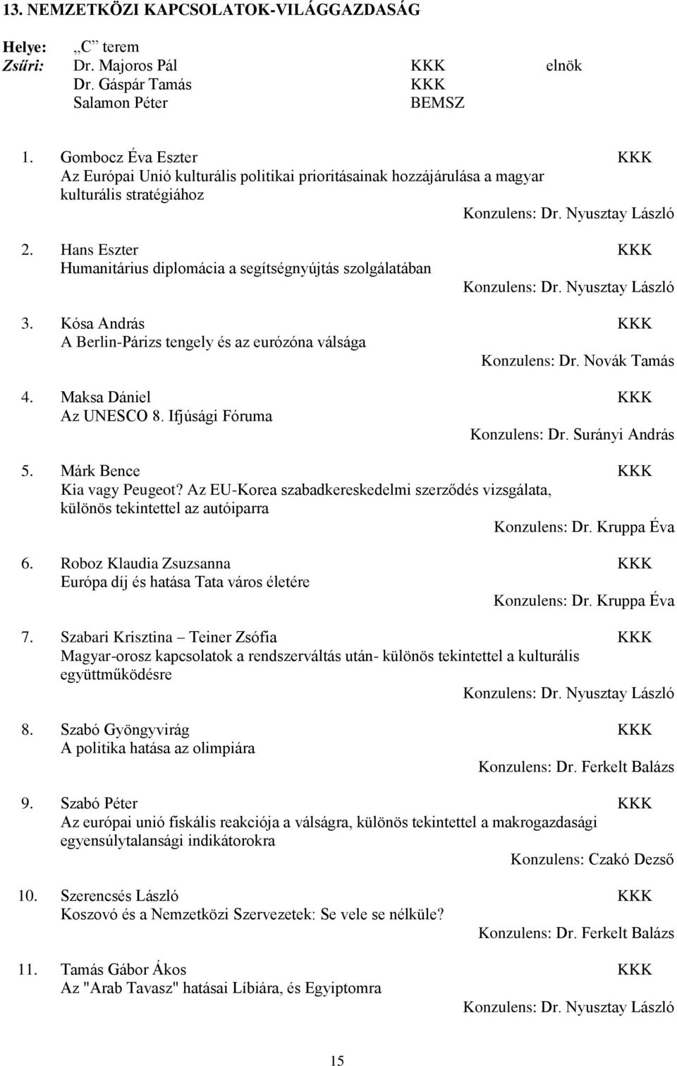 Hans Eszter KKK Humanitárius diplomácia a segítségnyújtás szolgálatában Konzulens: Dr. Nyusztay László 3. Kósa András KKK A Berlin-Párizs tengely és az eurózóna válsága Konzulens: Dr. Novák Tamás 4.