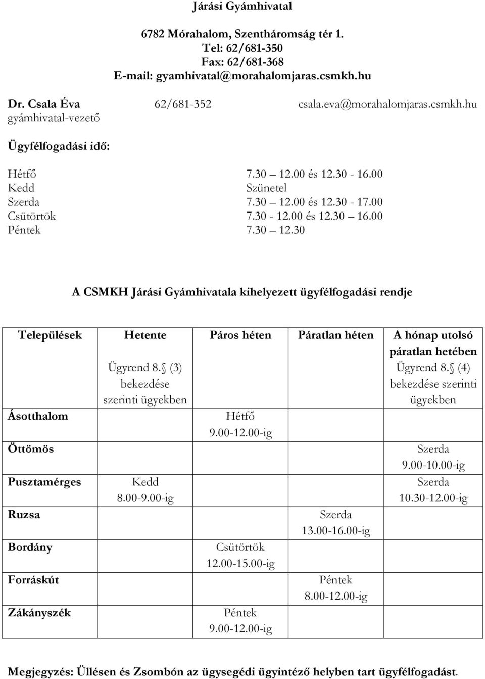 (3) bekezdése szerinti ügyekben 8.00-9.00-ig Páros héten Páratlan héten A hónap utolsó páratlan hetében Ügyrend 8. (4) bekezdése szerinti ügyekben Hétfő 9.00-12.00-ig Szerda 9.00-10.00-ig Szerda 10.