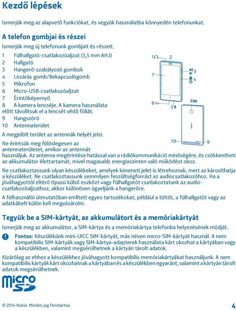 A kamera használata előtt távolítsuk el a lencsét védő fóliát. 9 Hangszóró 10 Antennaterület A megjelölt terület az antennák helyét jelzi.