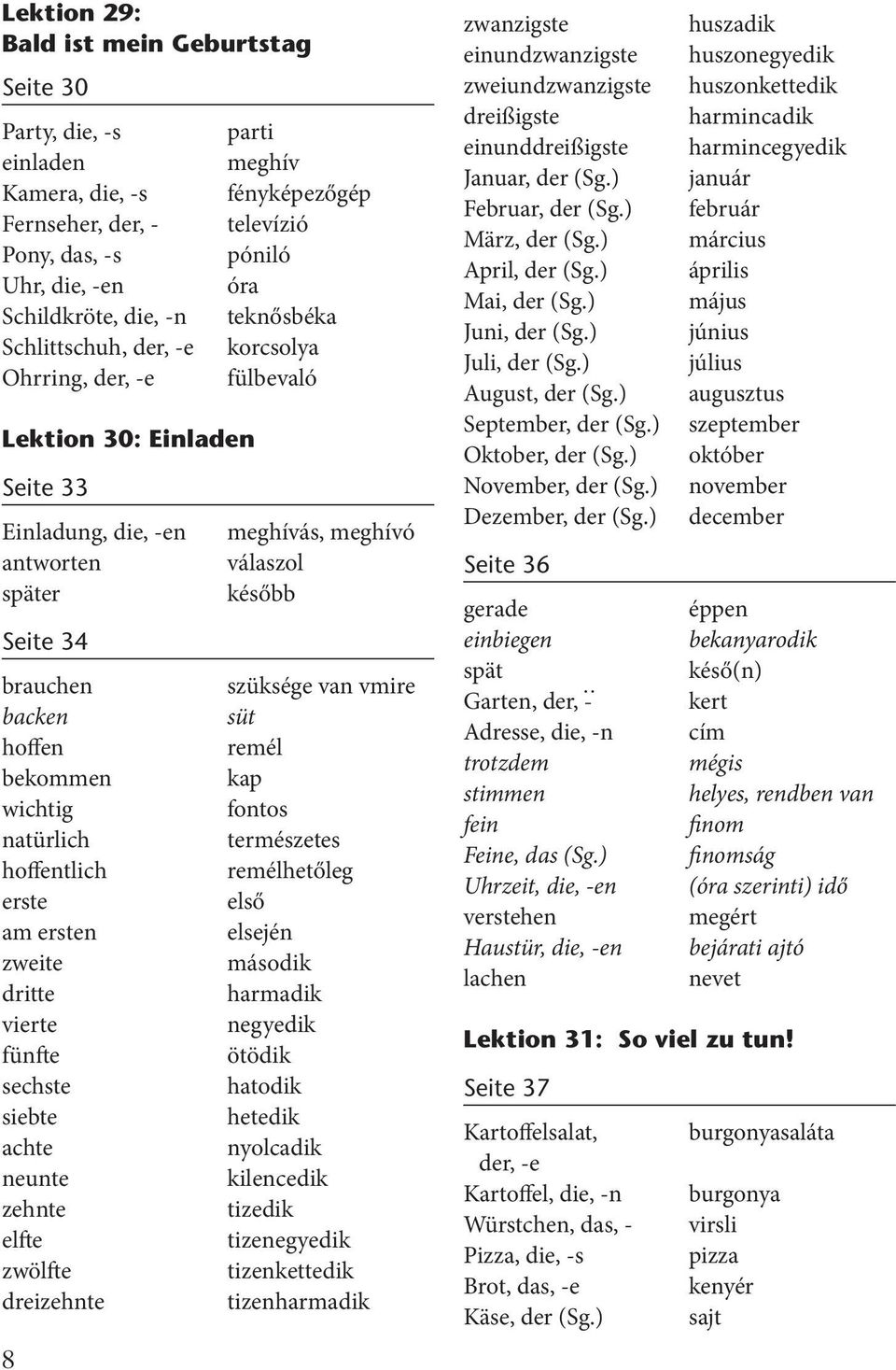 hoffentlich erste am ersten zweite dritte vierte fünfte sechste siebte achte neunte zehnte elfte zwölfte dreizehnte 8 meghívás, meghívó válaszol később szüksége van vmire süt remél kap fontos