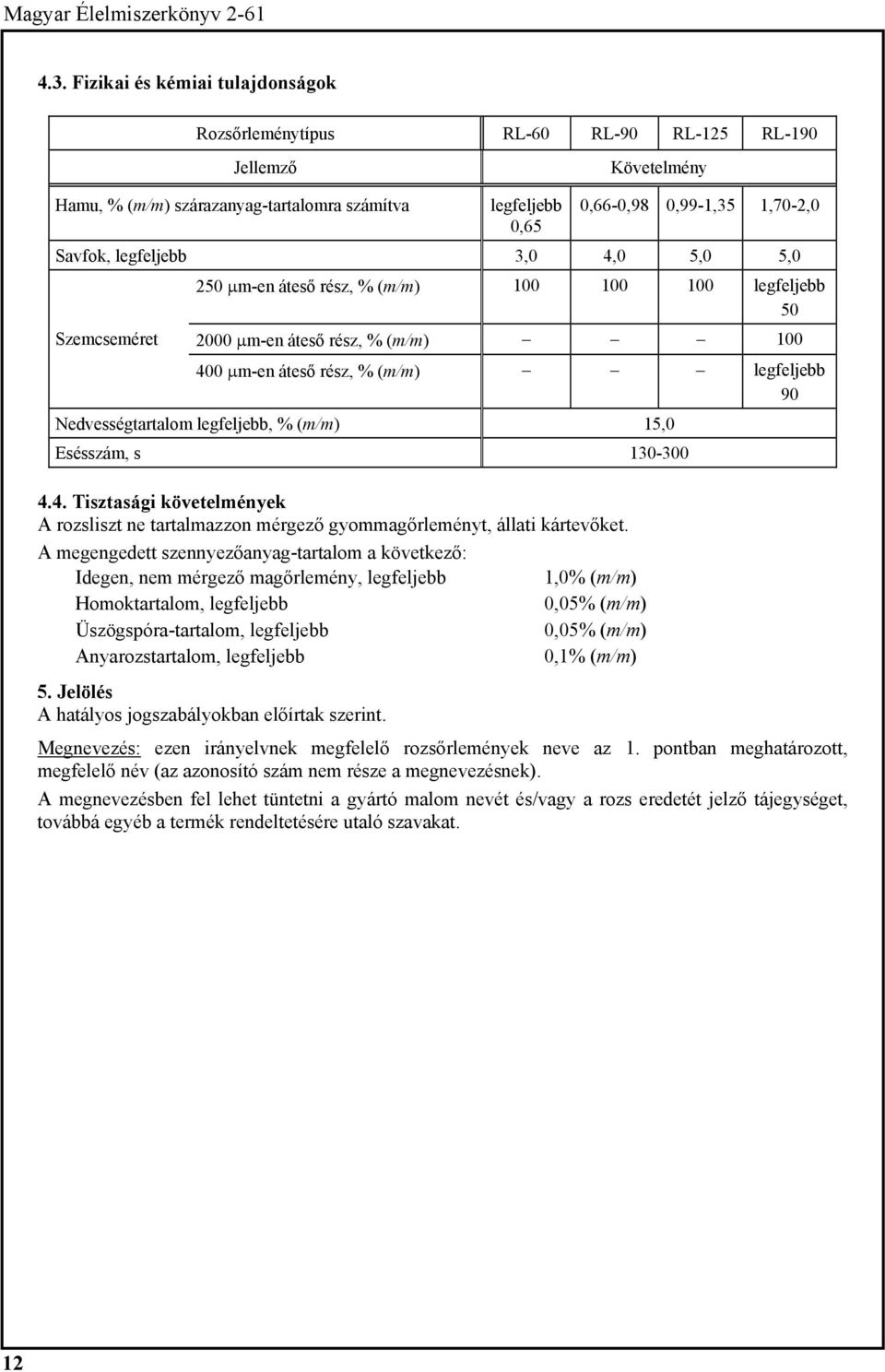 0 µm-en áteső rész, % (m/m) 90 Nedvességtartalom, % (m/m) 15,0 Esésszám, s 130-300 4.4. Tisztasági követelmények A rozsliszt ne tartalmazzon mérgező gyommagőrleményt, állati kártevőket.