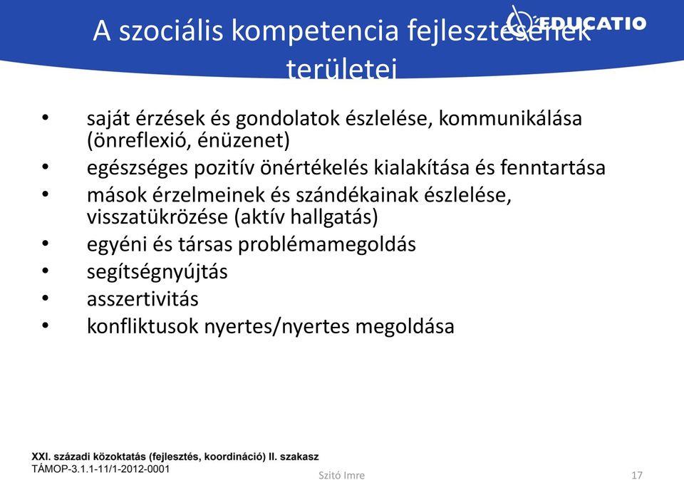 mások érzelmeinek és szándékainak észlelése, visszatükrözése (aktív hallgatás) egyéni és