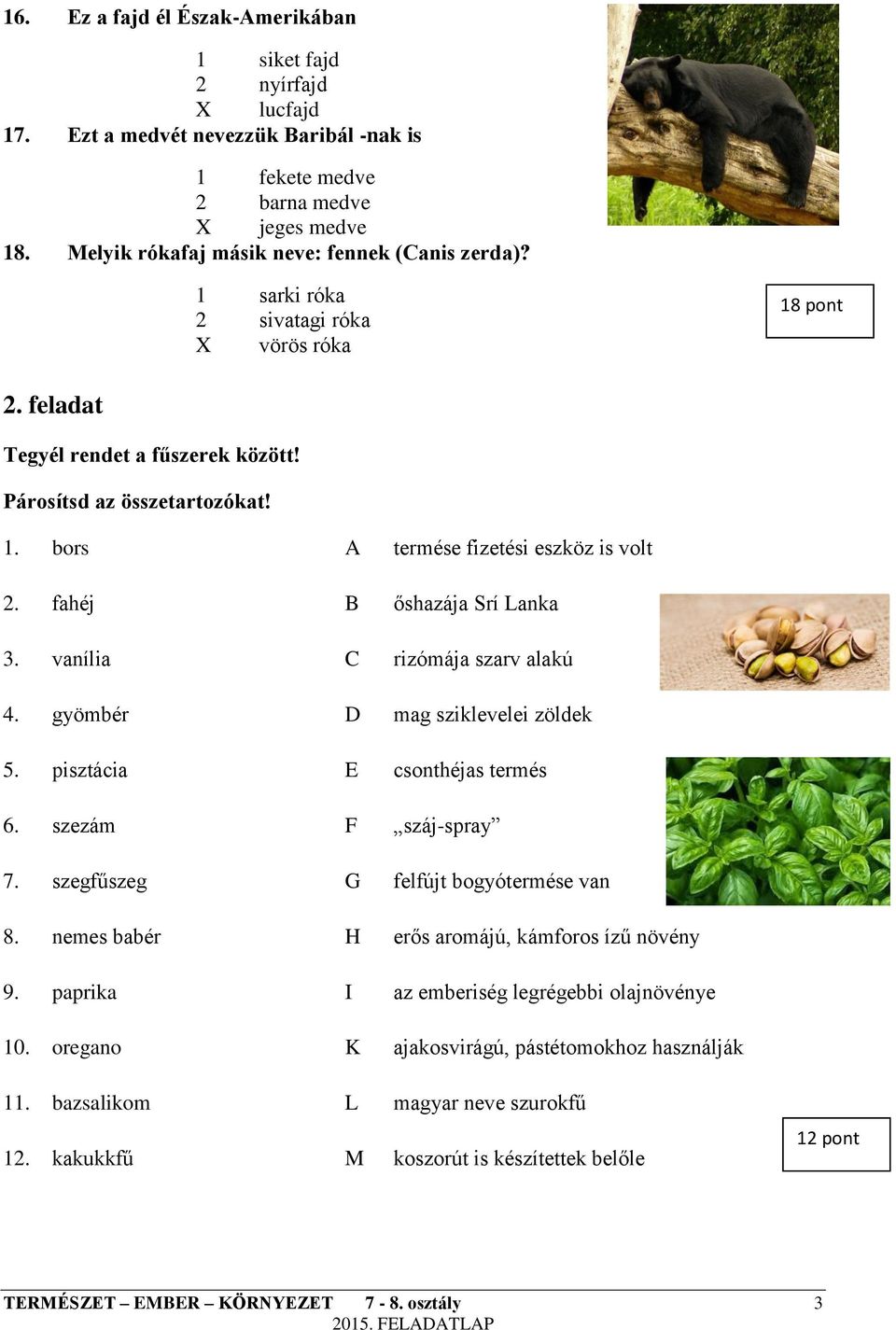 fahéj B őshazája Srí Lanka 3. vanília C rizómája szarv alakú 4. gyömbér D mag sziklevelei zöldek 5. pisztácia E csonthéjas termés 6. szezám F száj-spray 7. szegfűszeg G felfújt bogyótermése van 8.