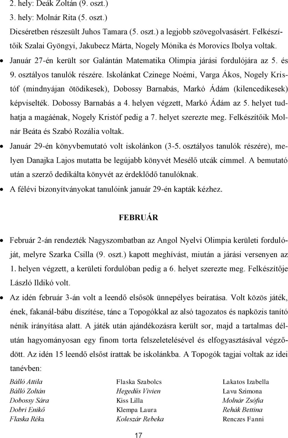 Iskolánkat Czinege Noémi, Varga Ákos, Nogely Kristóf (mindnyájan ötödikesek), Dobossy Barnabás, Markó Ádám (kilencedikesek) képviselték. Dobossy Barnabás a 4. helyen végzett, Markó Ádám az 5.