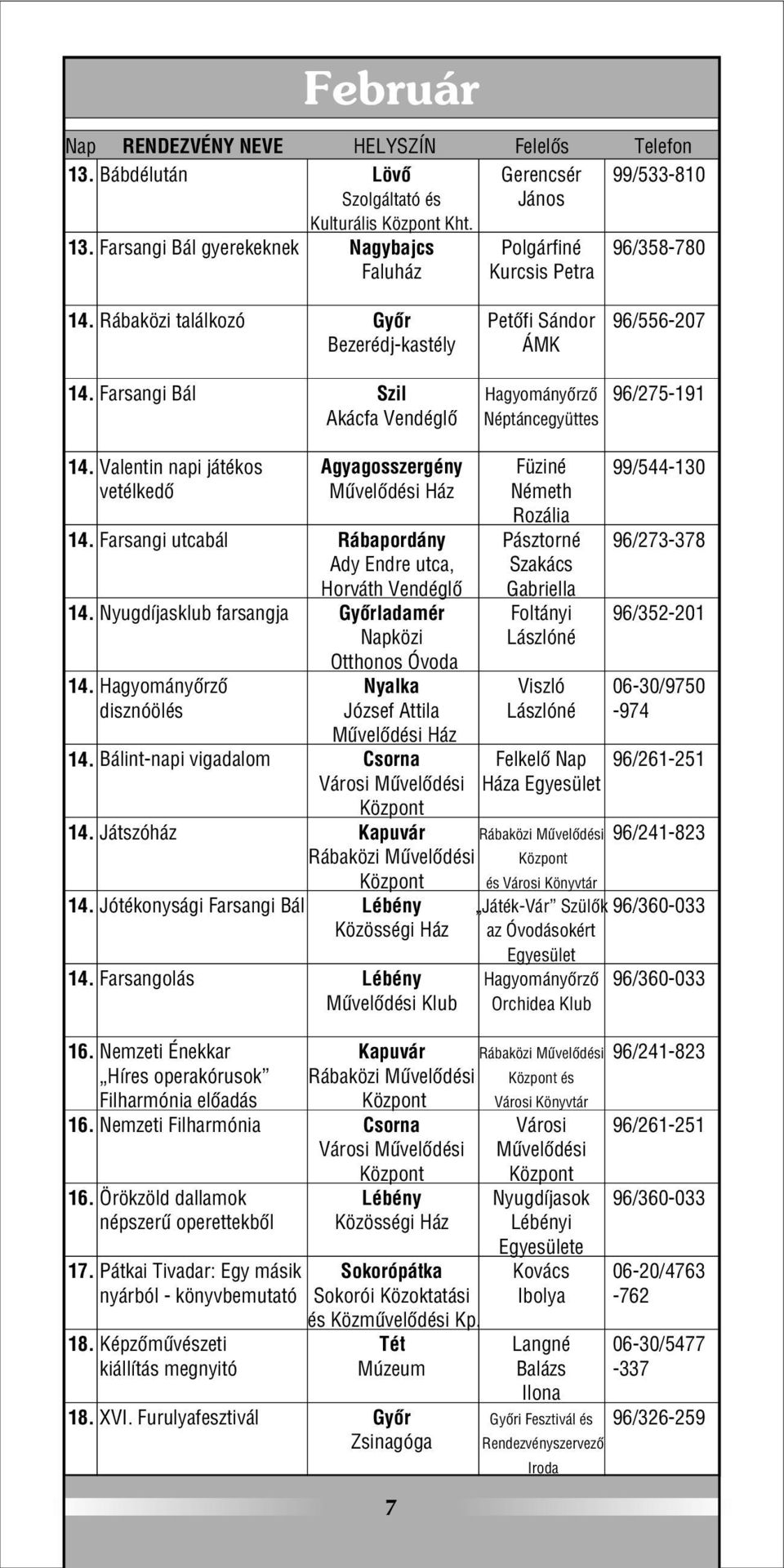 Bálint-napi vigadalom 14. Játszóház 14. Jótékonysági Farsangi Bál 14. Farsangolás 16. Nemzeti Énekkar Híres operakórusok Filharmónia elõadás 16. Nemzeti Filharmónia 16.