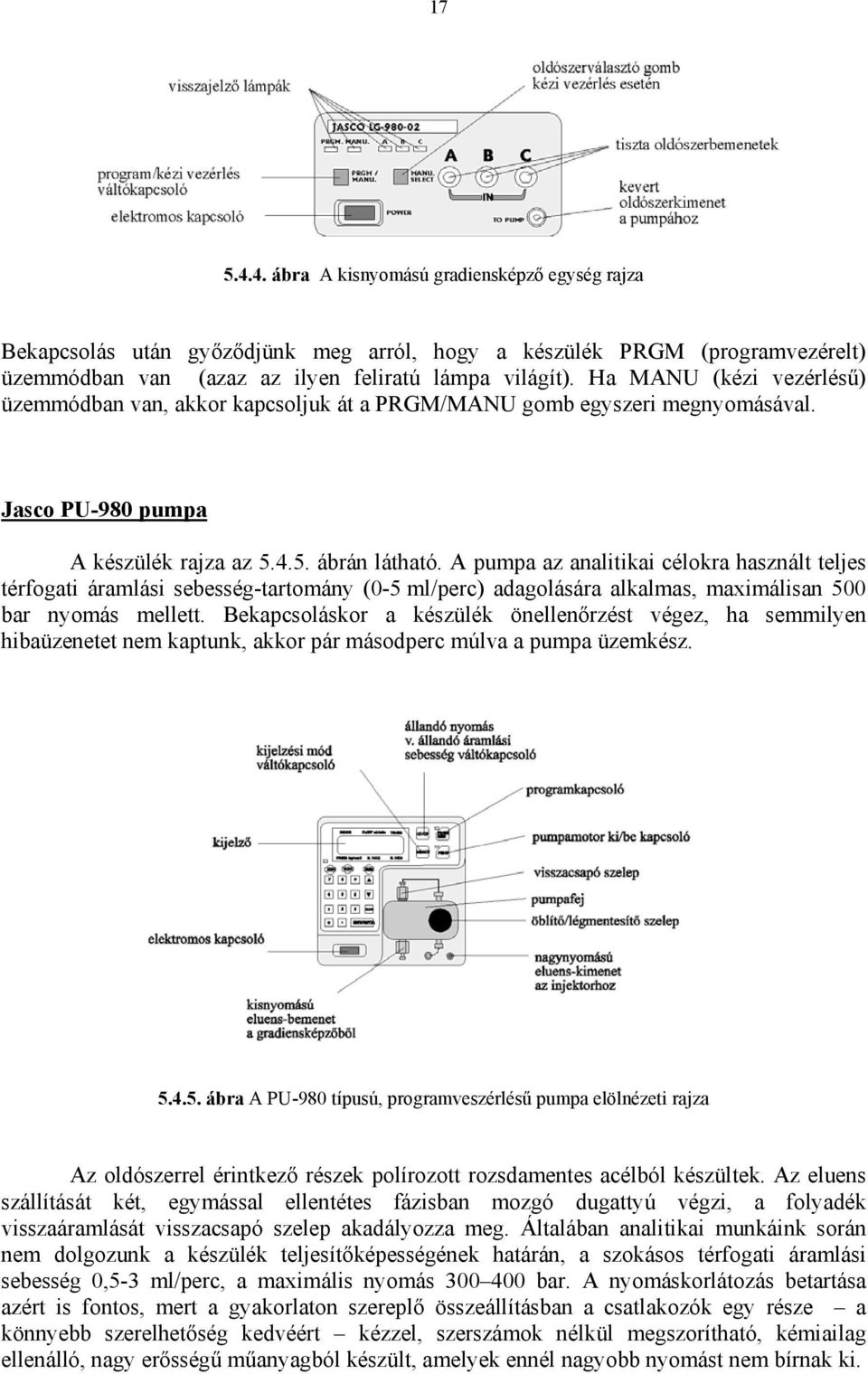 A pumpa az analitikai célokra használt teljes térfogati áramlási sebesség-tartomány (0-5 ml/perc) adagolására alkalmas, maximálisan 500 bar nyomás mellett.