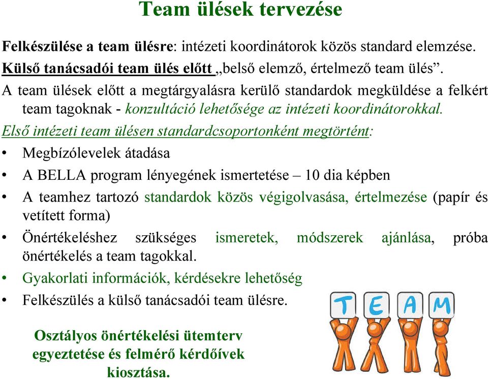 Első intézeti team ülésen standardcsoportonként megtörtént: Megbízólevelek átadása A BELLA program lényegének ismertetése 10 dia képben A teamhez tartozó standardok közös végigolvasása, értelmezése