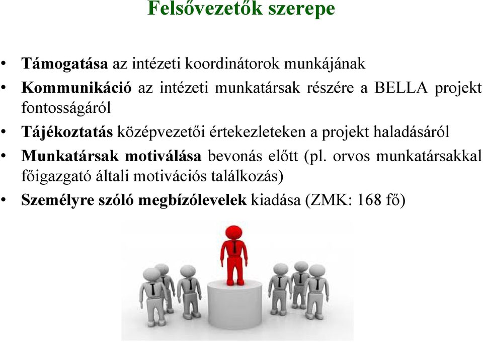 értekezleteken a projekt haladásáról Munkatársak motiválása bevonás előtt (pl.