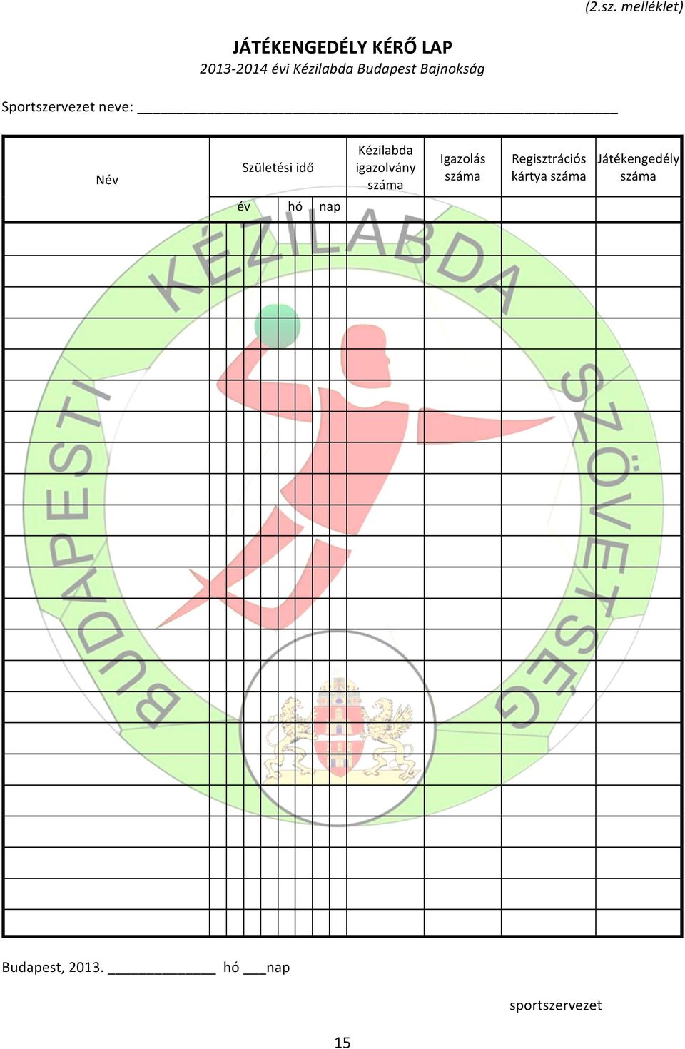 Budapest Bajnokság Sportszervezet neve: Név Születési idő