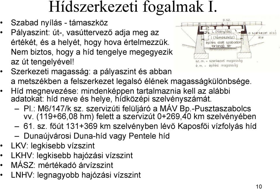 Híd megnevezése: mindenképpen tartalmaznia kell az alábbi adatokat: híd neve és helye, hídközépi szelvényszámát. Pl.: M6/147/k sz. szervizúti felüljáró a MÁV Bp.-Pusztaszabolcs vv.