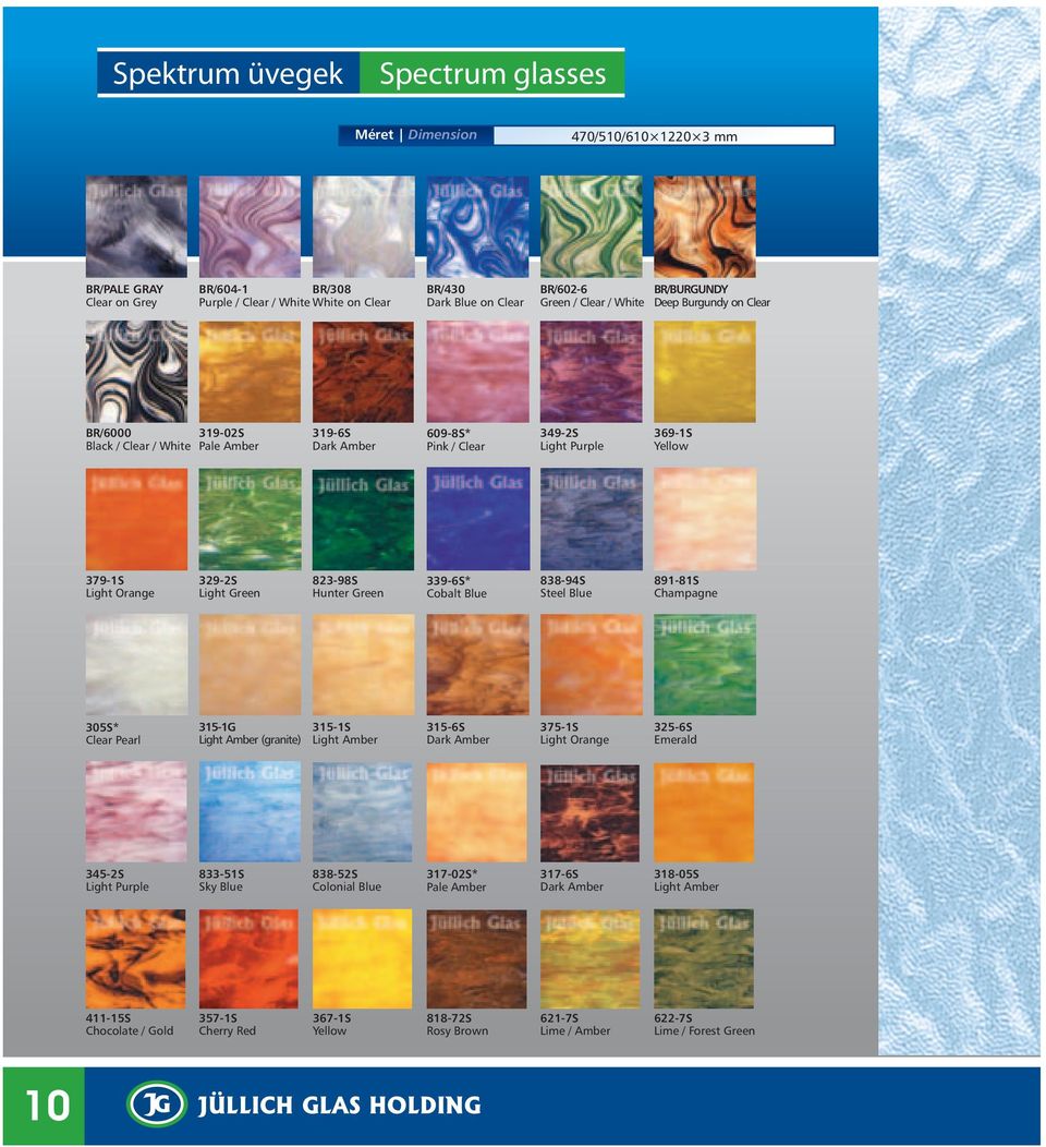 Light Green 823-98S Hunter Green 339-6S* Cobalt Blue 838-94S Steel Blue 891-81S Champagne 305S* Clear Pearl 315-1G Light Amber (granite) 315-1S Light Amber 315-6S Dark Amber 375-1S Light Orange