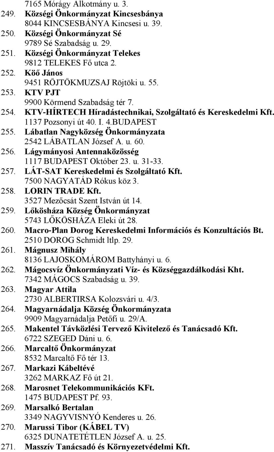 KTV-HÍRTECH Híradástechnikai, Szolgáltató és Kereskedelmi Kft. 1137 Pozsonyi út 40. I. 4.BUDAPEST 255. Lábatlan Nagyközség Önkormányzata 2542 LÁBATLAN József A. u. 60. 256.