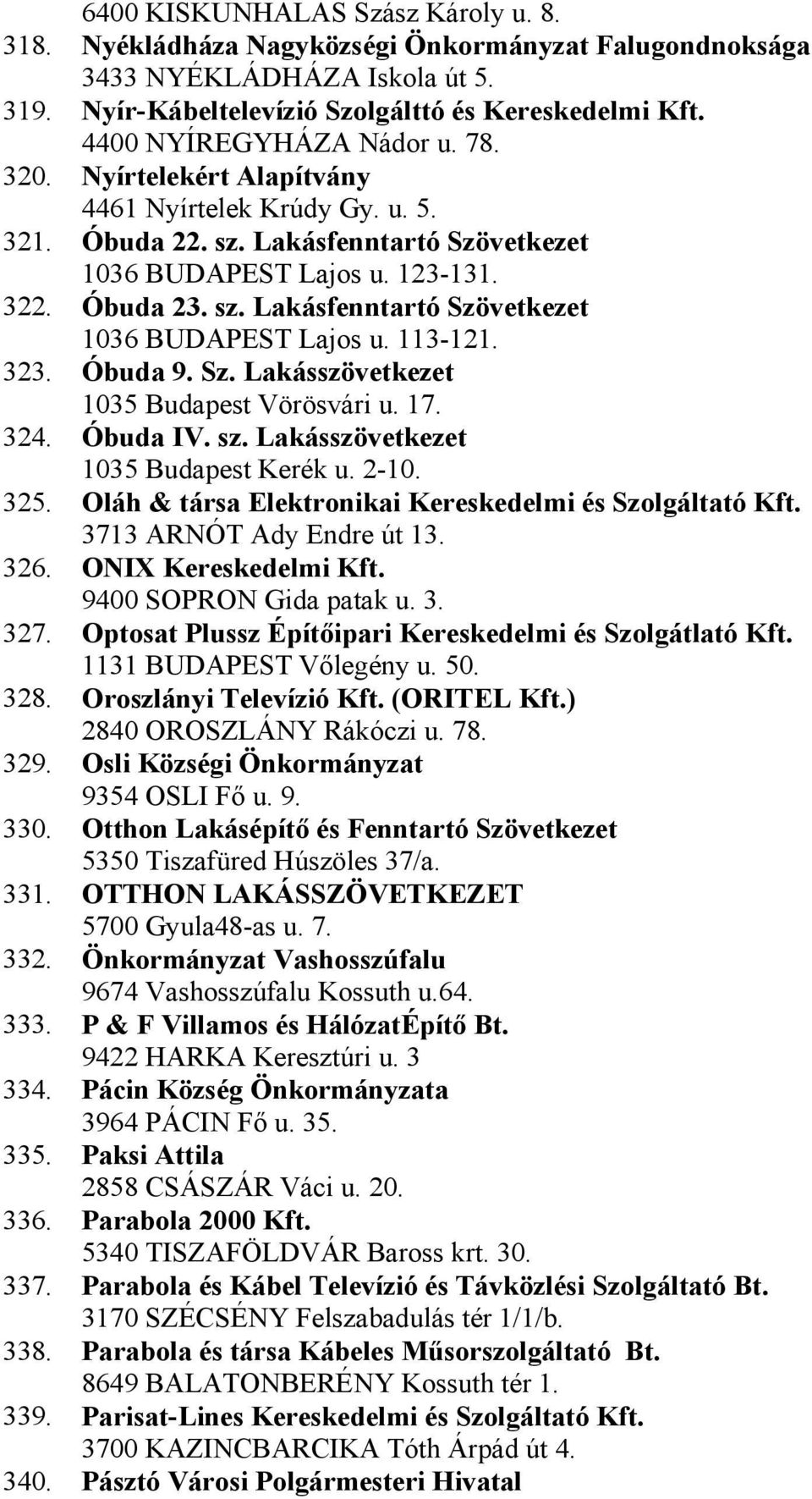 323. Óbuda 9. Sz. Lakásszövetkezet 1035 Budapest Vörösvári u. 17. 324. Óbuda IV. sz. Lakásszövetkezet 1035 Budapest Kerék u. 2-10. 325. Oláh & társa Elektronikai Kereskedelmi és Szolgáltató Kft.