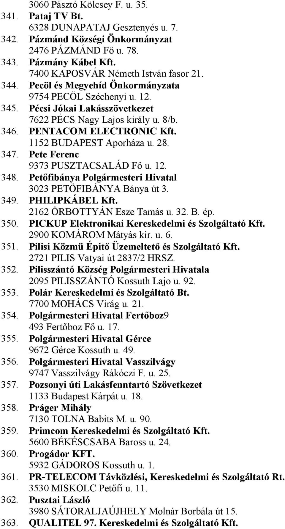 Pete Ferenc 9373 PUSZTACSALÁD Fő u. 12. 348. Petőfibánya Polgármesteri Hivatal 3023 PETÖFIBÁNYA Bánya út 3. 349. PHILIPKÁBEL Kft. 2162 ÖRBOTTYÁN Esze Tamás u. 32. B. ép. 350.