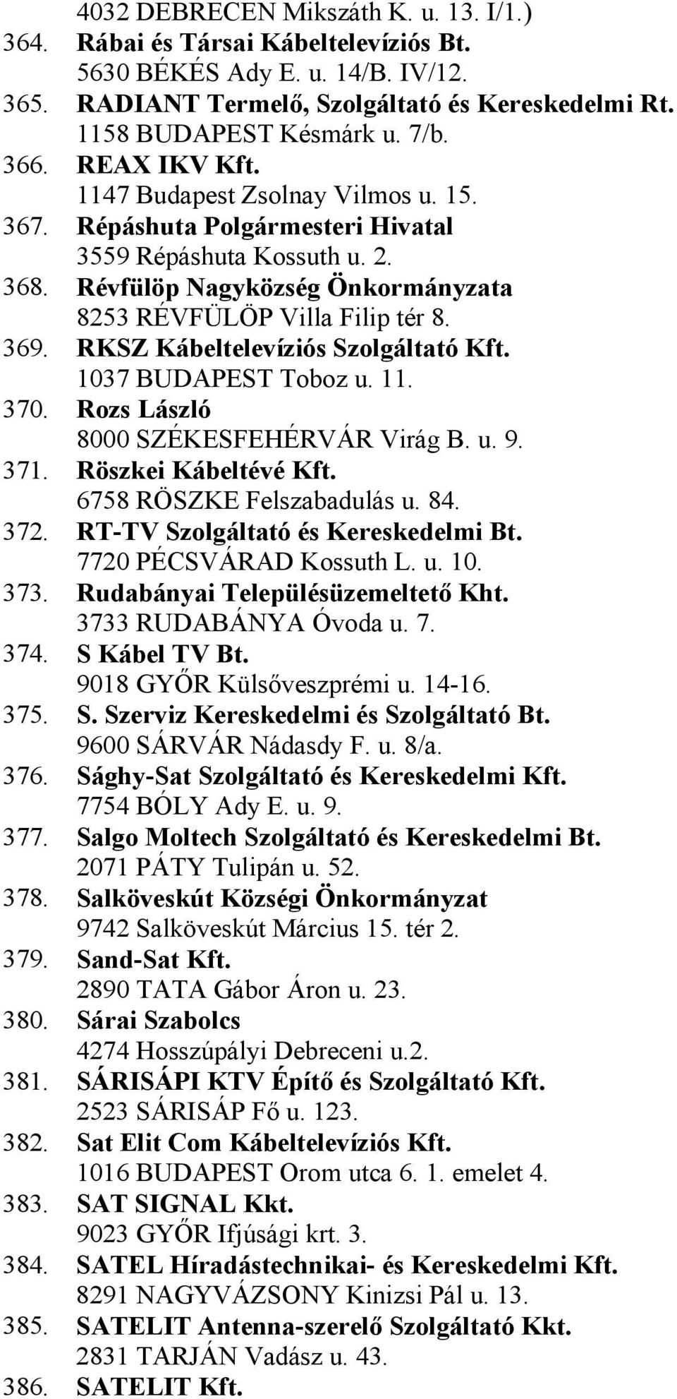 RKSZ Kábeltelevíziós Szolgáltató Kft. 1037 BUDAPEST Toboz u. 11. 370. Rozs László 8000 SZÉKESFEHÉRVÁR Virág B. u. 9. 371. Röszkei Kábeltévé Kft. 6758 RÖSZKE Felszabadulás u. 84. 372.