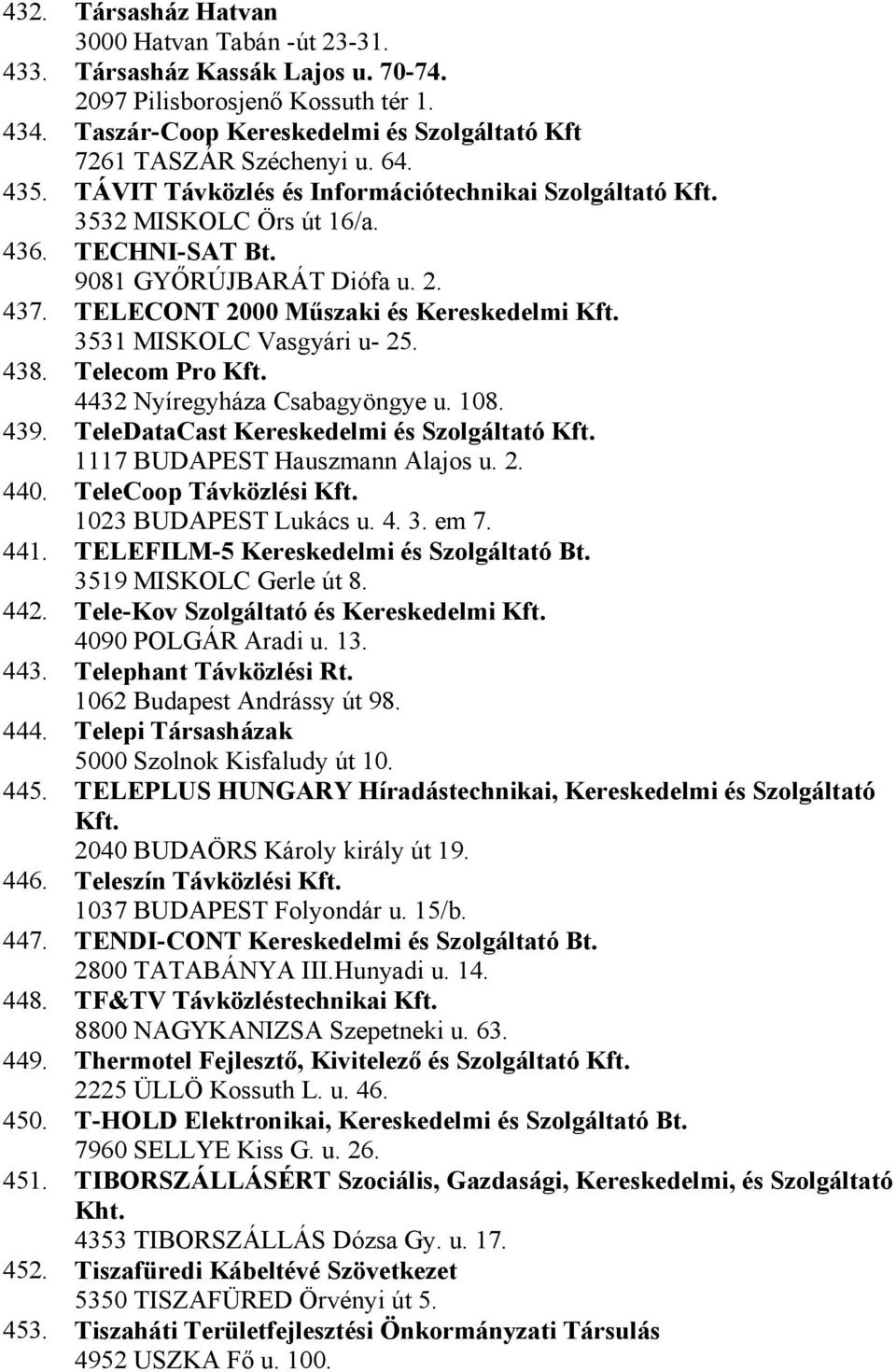 3531 MISKOLC Vasgyári u- 25. 438. Telecom Pro Kft. 4432 Nyíregyháza Csabagyöngye u. 108. 439. TeleDataCast Kereskedelmi és Szolgáltató Kft. 1117 BUDAPEST Hauszmann Alajos u. 2. 440.