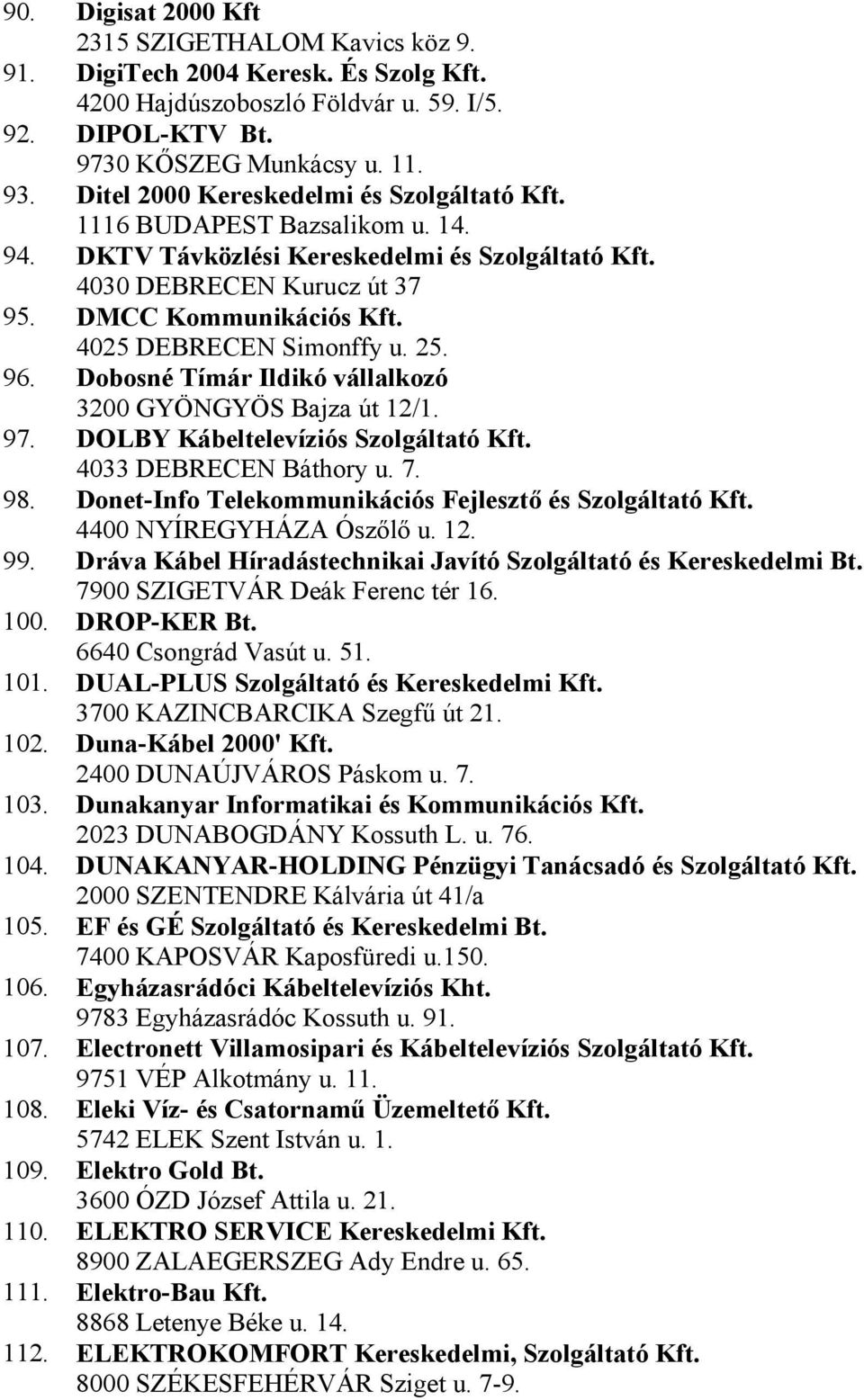 4025 DEBRECEN Simonffy u. 25. 96. Dobosné Tímár Ildikó vállalkozó 3200 GYÖNGYÖS Bajza út 12/1. 97. DOLBY Kábeltelevíziós Szolgáltató Kft. 4033 DEBRECEN Báthory u. 7. 98.