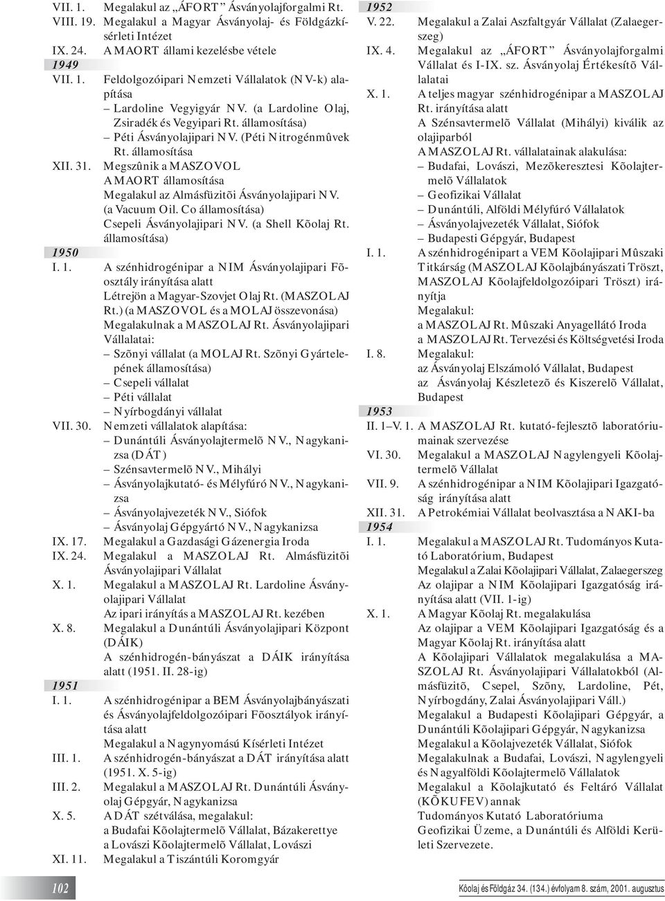 (a Vacuum Oil. Co államosítása) Csepeli Ásványolajipari NV. (a Shell Kõolaj Rt. államosítása) 1950 I. 1. A szénhidrogénipar a NIM Ásványolajipari Fõosztály irányítása alatt Létrejön a Magyar-Szovjet Olaj Rt.