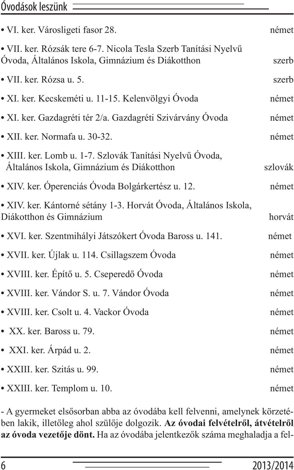 Szlovák Tanítási Nyelvű Óvoda, Általános Iskola, Gimnázium és Diákotthon XIV. ker. Óperenciás Óvoda Bolgárkertész u. 12. XIV. ker. Kántorné sétány 1-3.