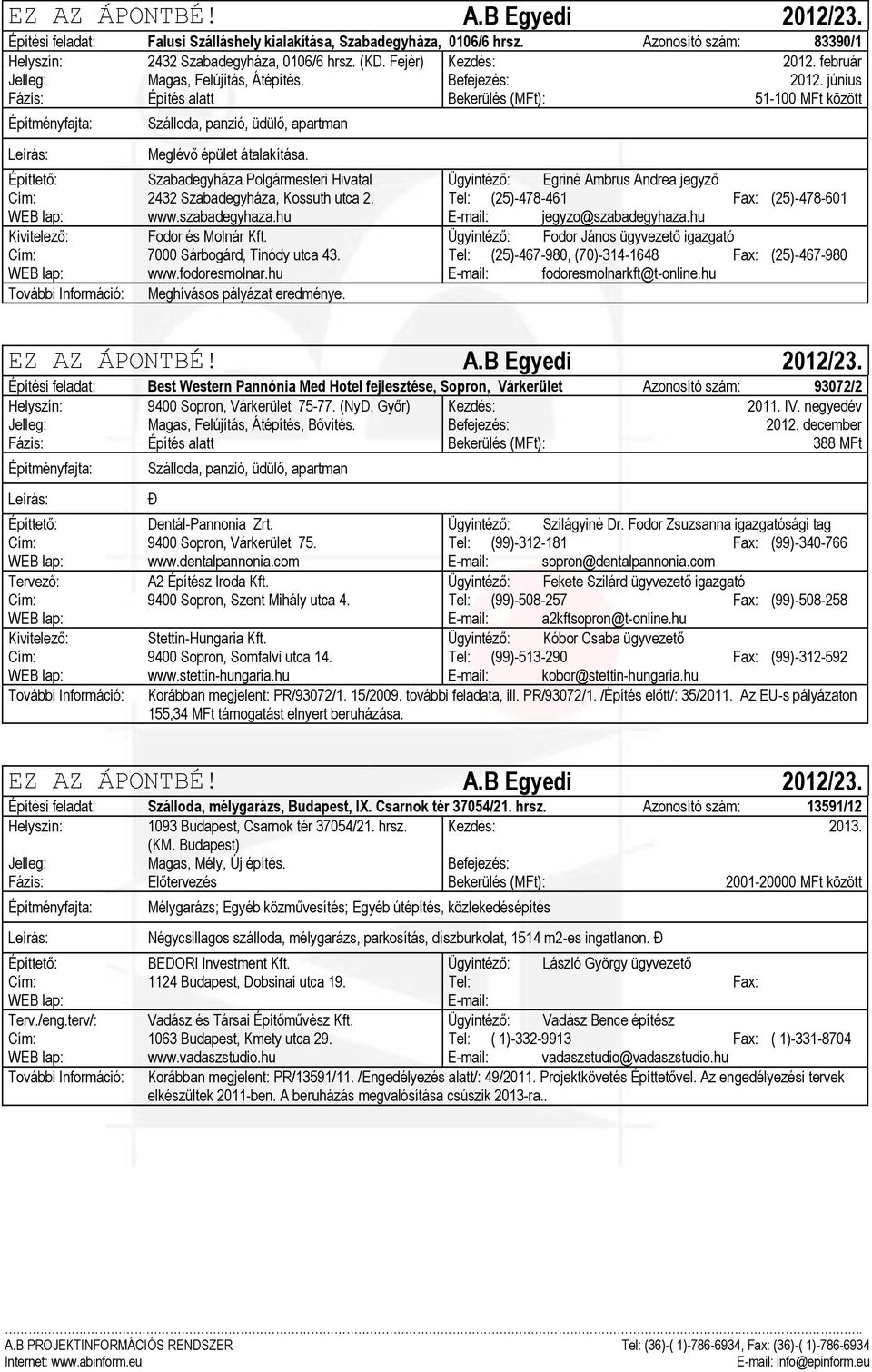 Építtető: Szabadegyháza Polgármesteri Hivatal Ügyintéző: Egriné Ambrus Andrea jegyző Cím: 2432 Szabadegyháza, Kossuth utca 2. Tel: (25)-478-461 Fax: (25)-478-601 WEB lap: www.szabadegyhaza.