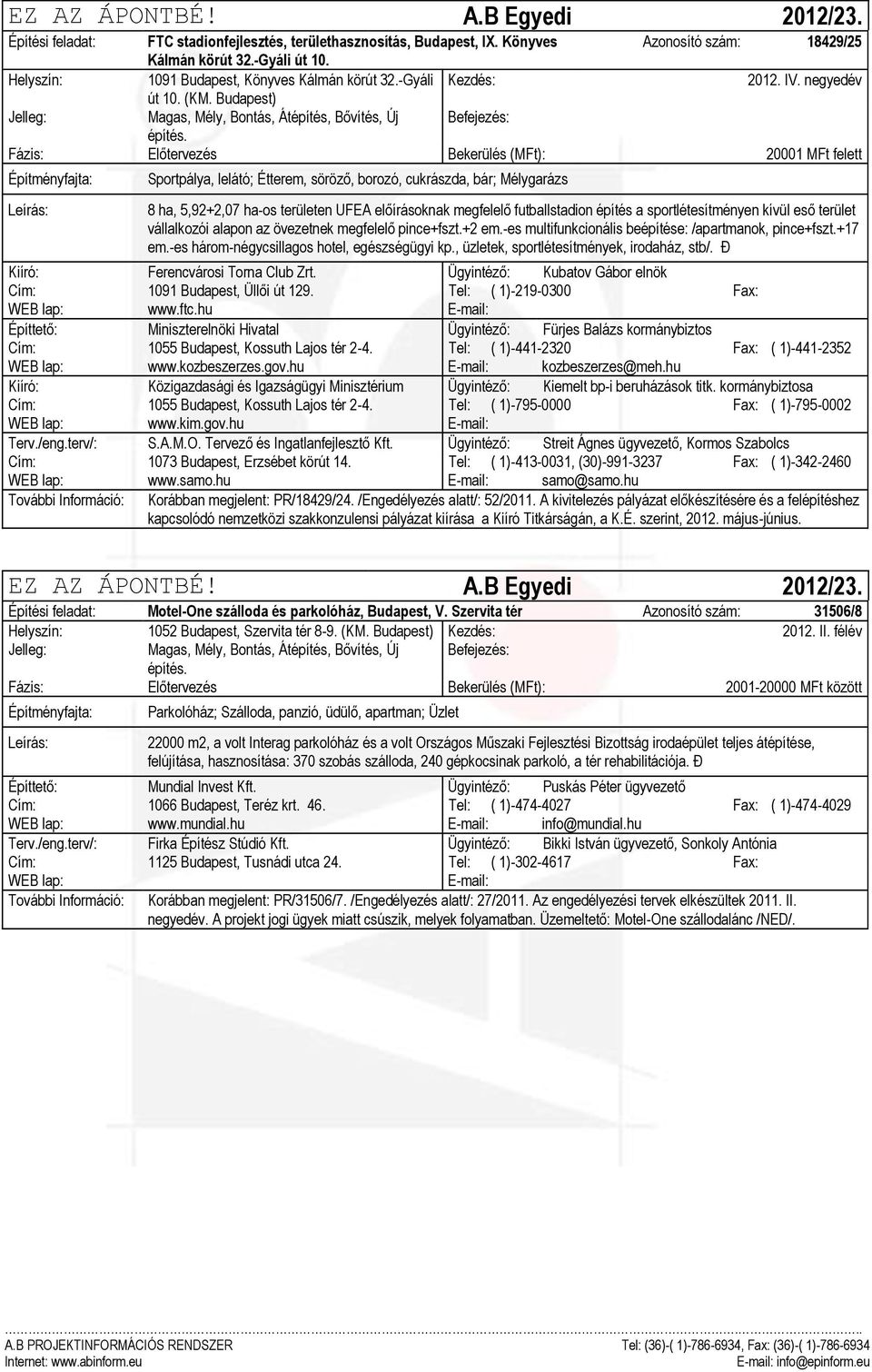 Fázis: Előtervezés Bekerülés (MFt): 20001 MFt felett Sportpálya, lelátó; Étterem, söröző, borozó, cukrászda, bár; Mélygarázs 8 ha, 5,92+2,07 ha-os területen UFEA előírásoknak megfelelő futballstadion