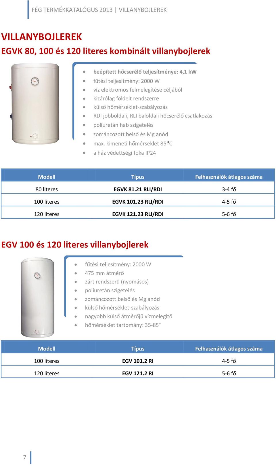 kimeneti hőmérséklet 85C a ház védettségi foka IP24 Modell Típus Felhasználók átlagos száma 80 literes EGVK 81.21 RLI/RDI 3-4 fő 100 literes EGVK 101.23 RLI/RDI 4-5 fő 120 literes EGVK 121.