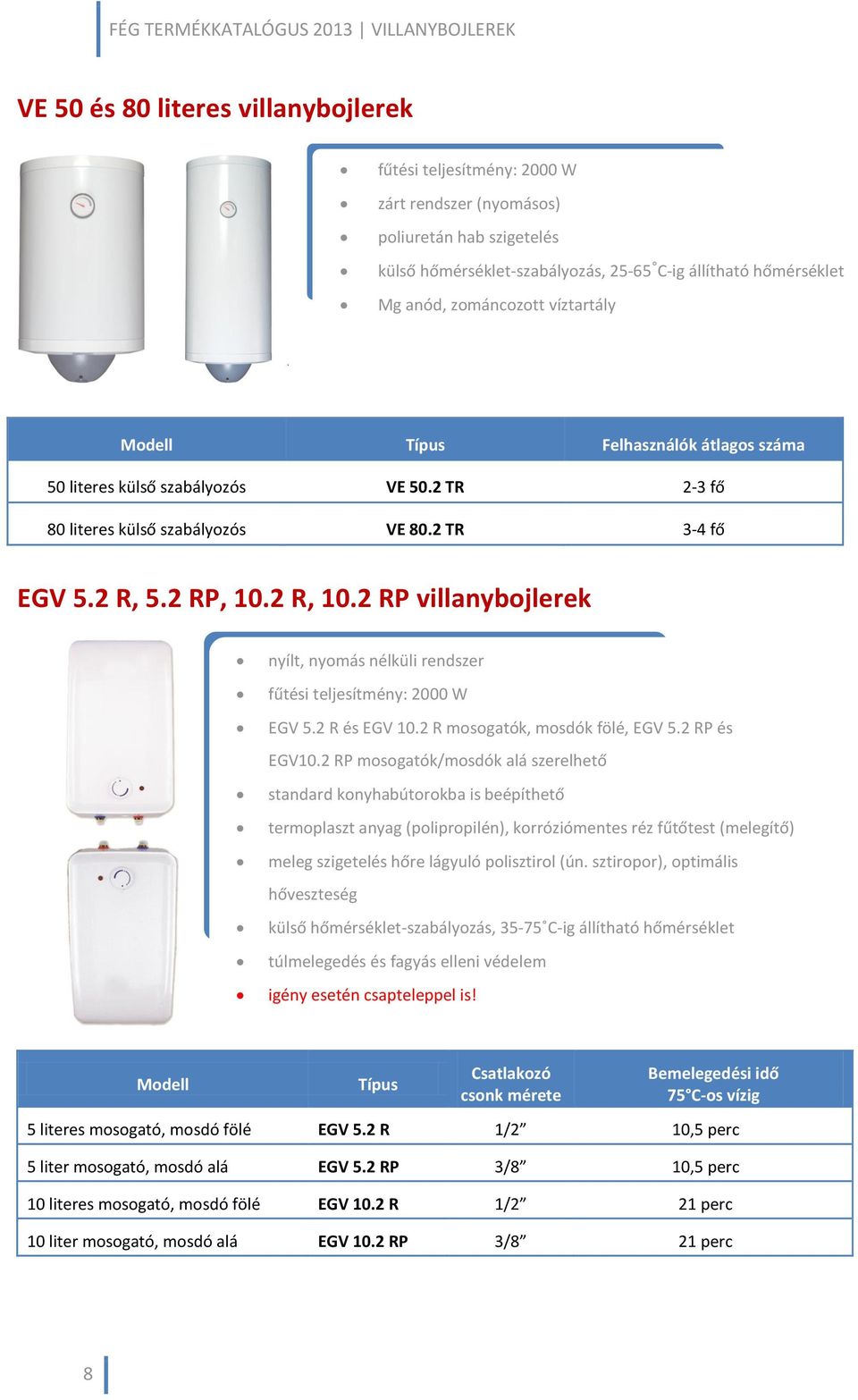 2 R, 5.2 RP, 10.2 R, 10.2 RP villanybojlerek nyílt, nyomás nélküli rendszer fűtési teljesítmény: 2000 W EGV 5.2 R és EGV 10.2 R mosogatók, mosdók fölé, EGV 5.2 RP és EGV10.