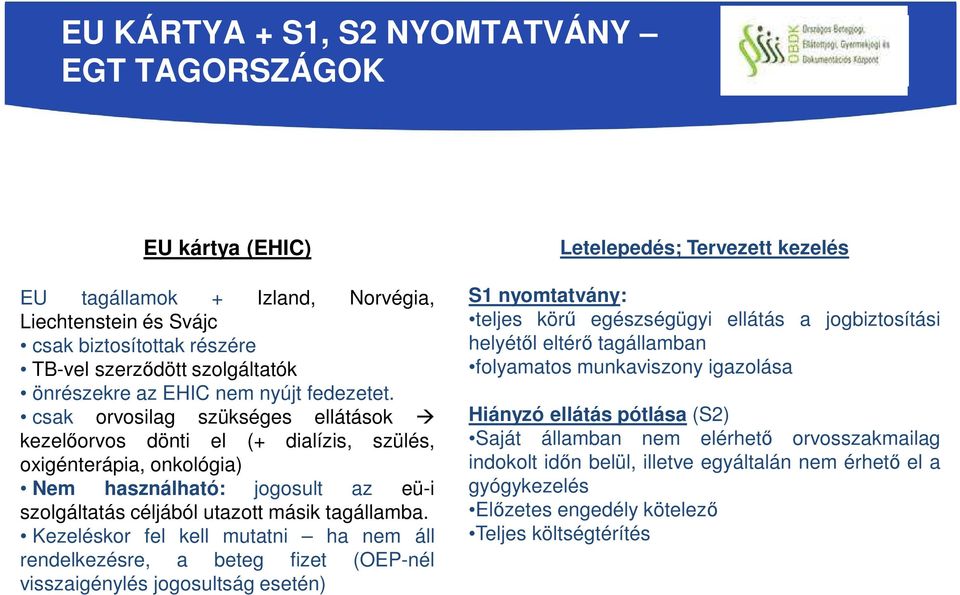 csak orvosilag szükséges ellátások kezelőorvos dönti el (+ dialízis, szülés, oxigénterápia, onkológia) Nem használható: jogosult az eü-i szolgáltatás céljából utazott másik tagállamba.