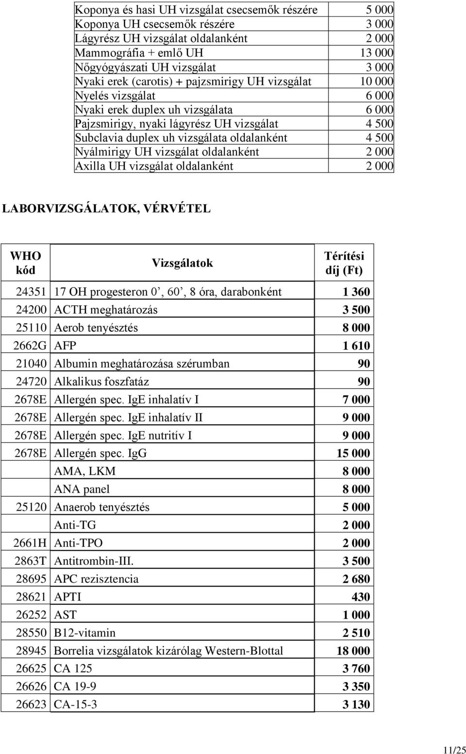 4 500 Nyálmirigy UH vizsgálat oldalanként 2 000 Axilla UH vizsgálat oldalanként 2 000 LABORVIZSGÁLATOK, VÉRVÉTEL WHO kód Vizsgálatok Térítési díj (Ft) 24351 17 OH progesteron 0, 60, 8 óra,