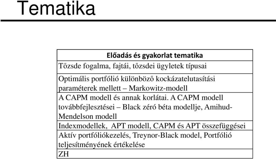 A CAPM modell továbbfejlesztései Black zéró béta modellje, Amihud- Mendelson modell Indexmodellek, APT