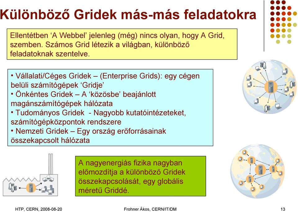 Vállalati/Céges Gridek (Enterprise Grids): egy cégen belüli számítógépek Gridje Önkéntes Gridek A közösbe beajánlott magánszámítógépek