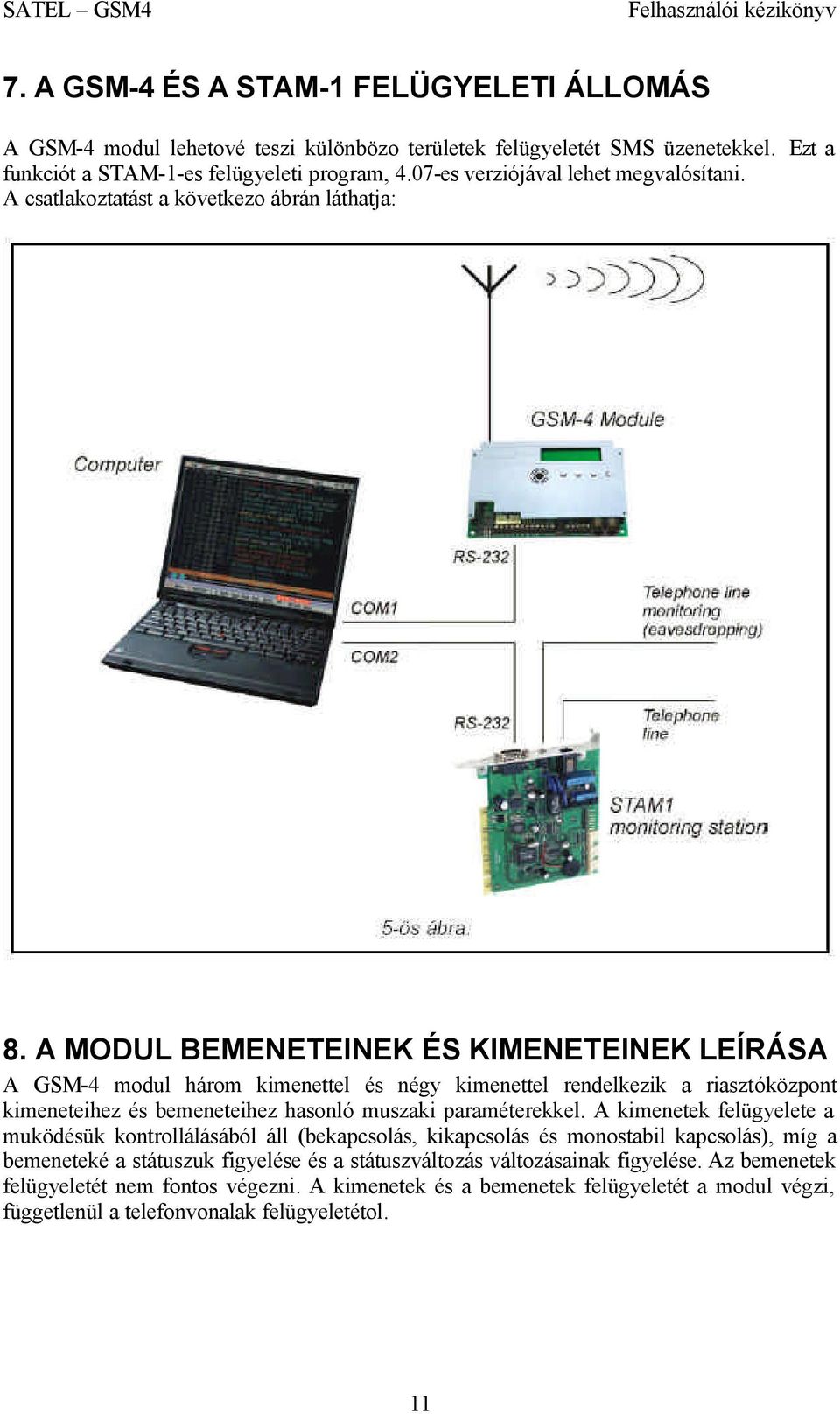 A MODUL BEMENETEINEK ÉS KIMENETEINEK LEÍRÁSA A GSM-4 modul három kimenettel és négy kimenettel rendelkezik a riasztóközpont kimeneteihez és bemeneteihez hasonló muszaki paraméterekkel.