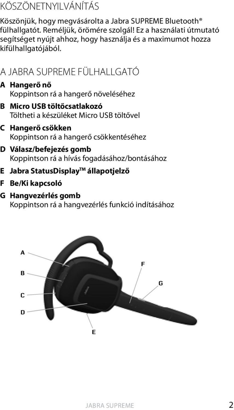 A JABRA SUPREME FÜLHALLGATÓ A Hangerő nő Koppintson rá a hangerő növeléséhez B Micro USB töltőcsatlakozó Töltheti a készüléket Micro USB töltővel C